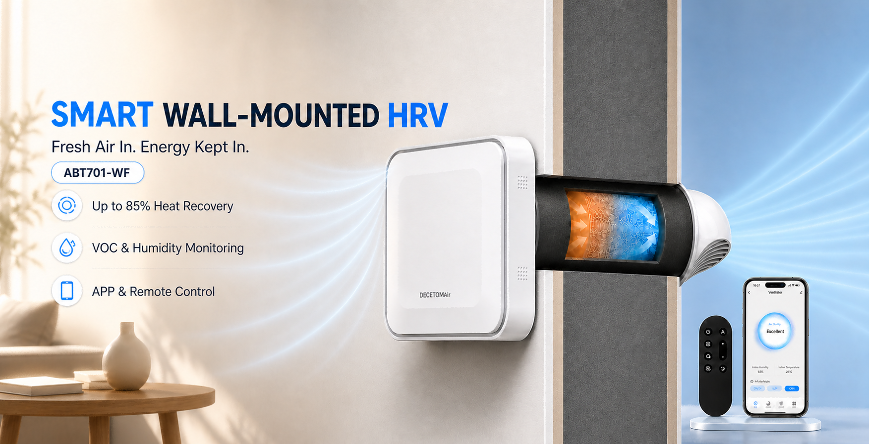 Smart Ductless Wall-mounted HRV Fresh Air System Filter Tuya Wifi