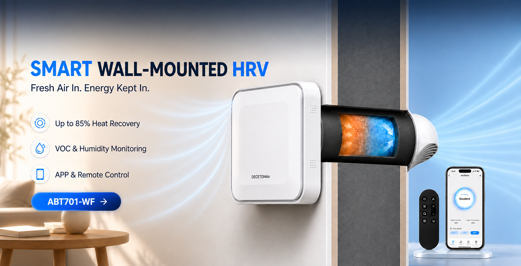 Smart Ductless Wall-mounted HRV Fresh Air System Filter Tuya Wifi