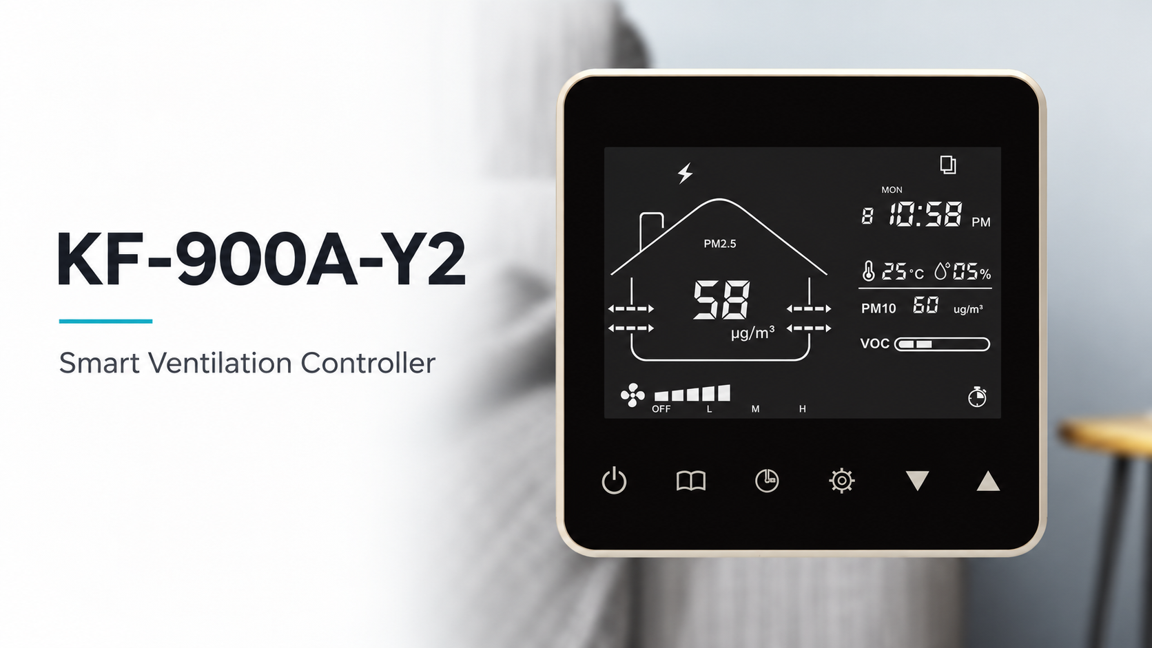 KF-900A-Y2 smart ventilation controller shown in a complete wide front-view product introduction