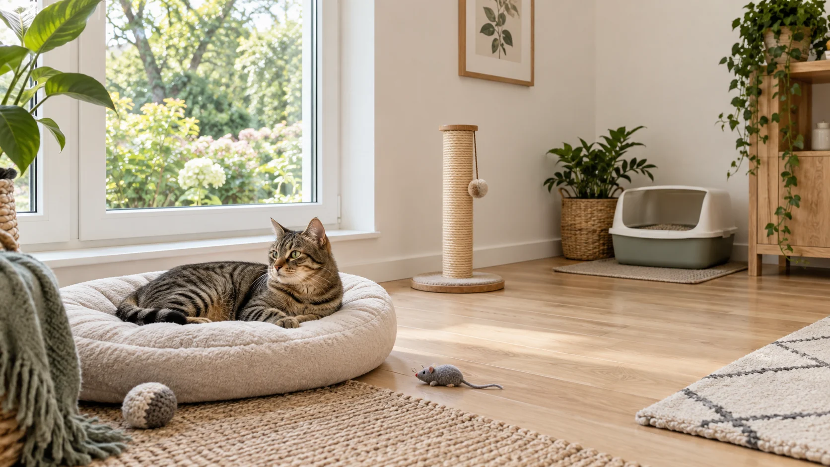 AI-generated concept domestic cat corner with a bed, scratching post, separate litter tray and closed window; not a documented installation.